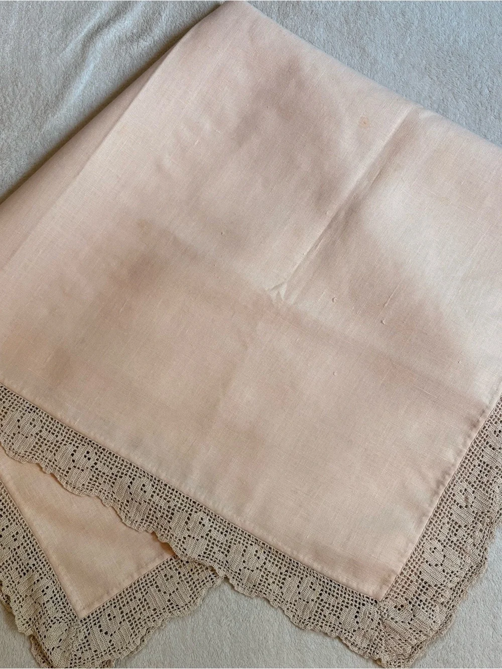 Classic Crochet Lace Trim Linen Tablecloth in Cream Tan Vintage Handmade